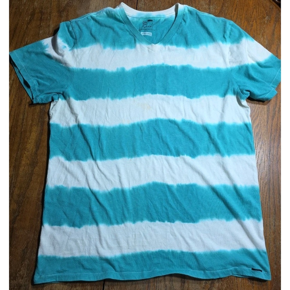 On The Byas Men's XLarge White Green V-Neck‎ Short Sleeve Tee Y2K Striped
